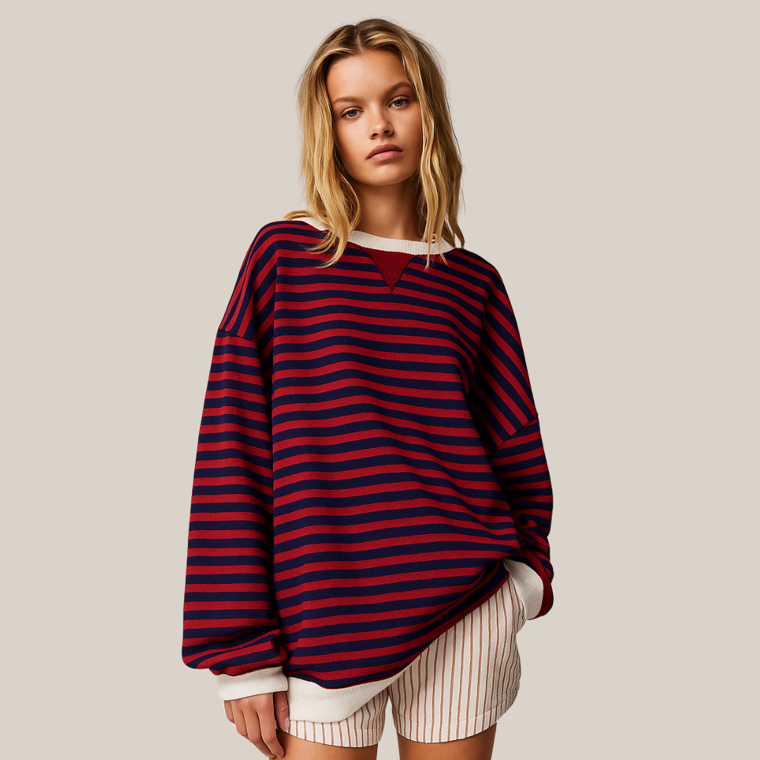 Bluza Damska w Paski z Okrągłym Dekoltem i Długim Rękawem