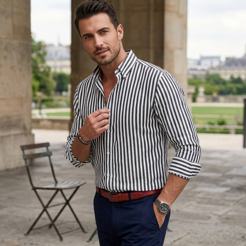 Koszula Męska w Paski Slim Fit Długi Rękaw