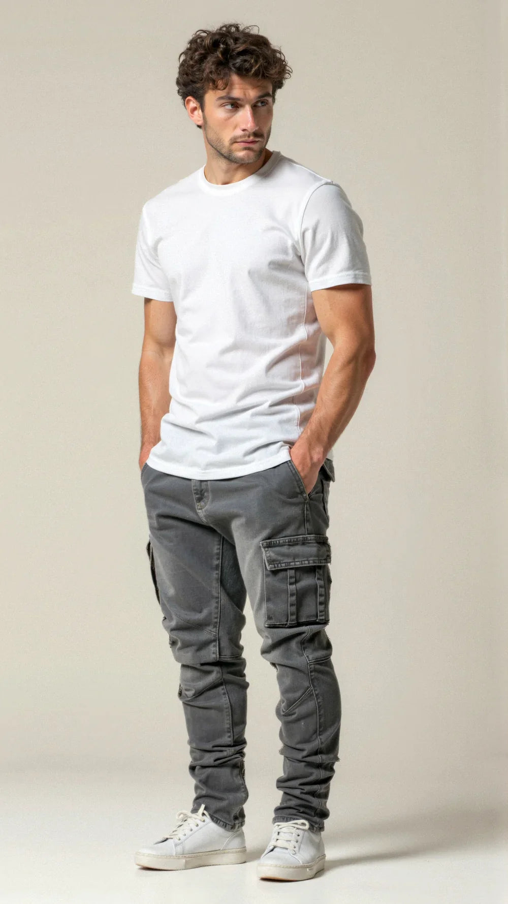 Męskie Jeansy Cargo Skinny Bojówki z Kieszeniami Spodnie Jeansowe
