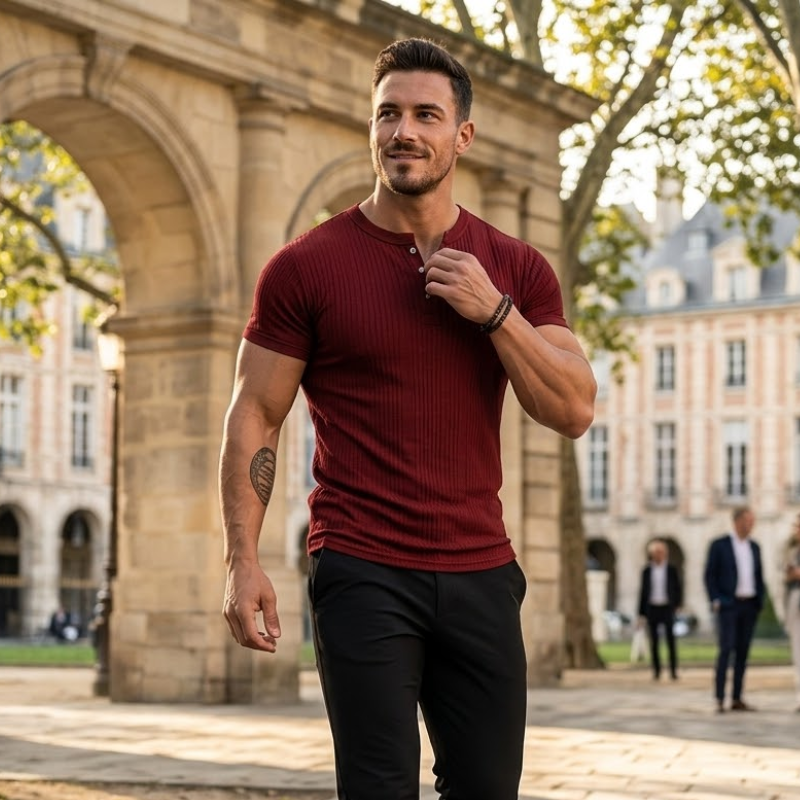 Męska Koszulka Henley Krótki Rękaw