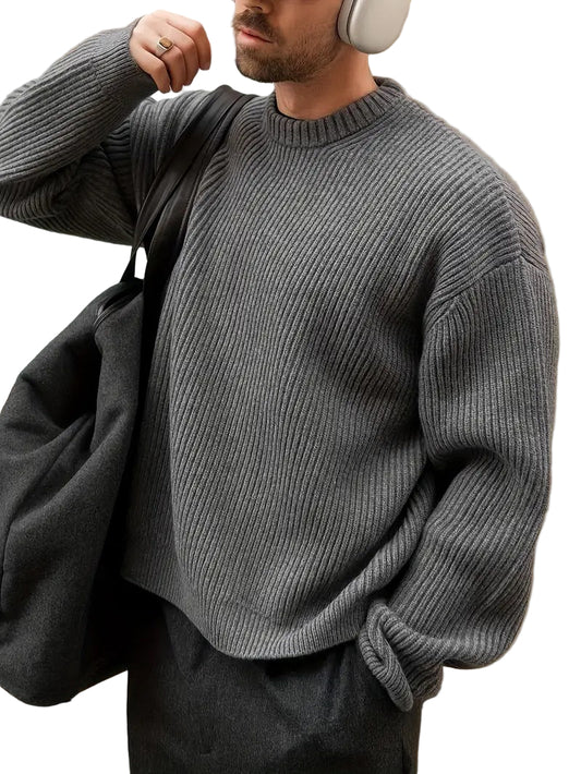 Męski Sweter Okrągły Dekolt z Prążkowaniem