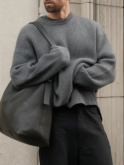 Męski Sweter Okrągły Dekolt z Prążkowaniem