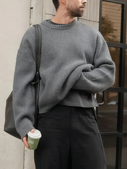 Męski Sweter Okrągły Dekolt z Prążkowaniem