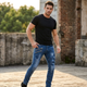 Męskie Jeansy Skinny z Zamkami z Przetarciami Spodnie Jeansowe