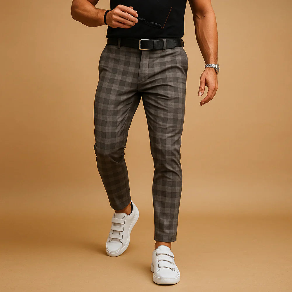 Spodnie garniturowe męskie w kratę slim fit