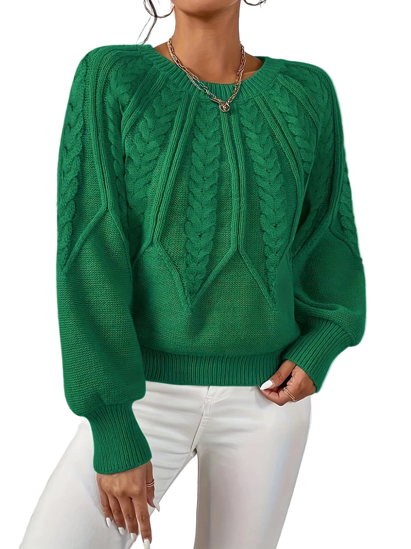 Sweter Damski Warkoczowy Splot Crop Bufiaste Rękawy