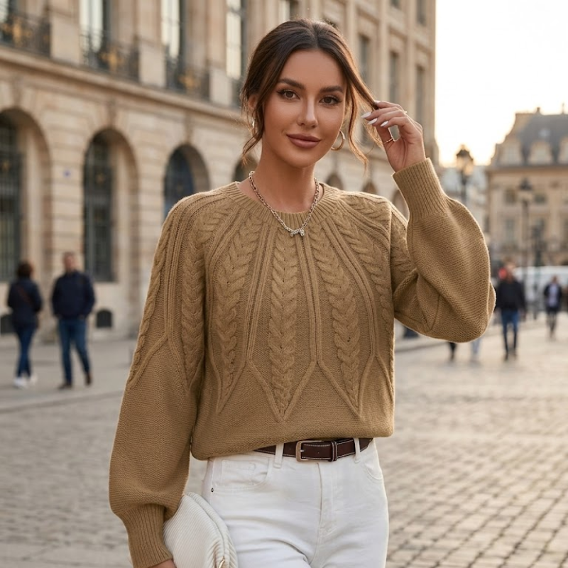 Sweter Damski Warkoczowy Splot Crop Bufiaste Rękawy