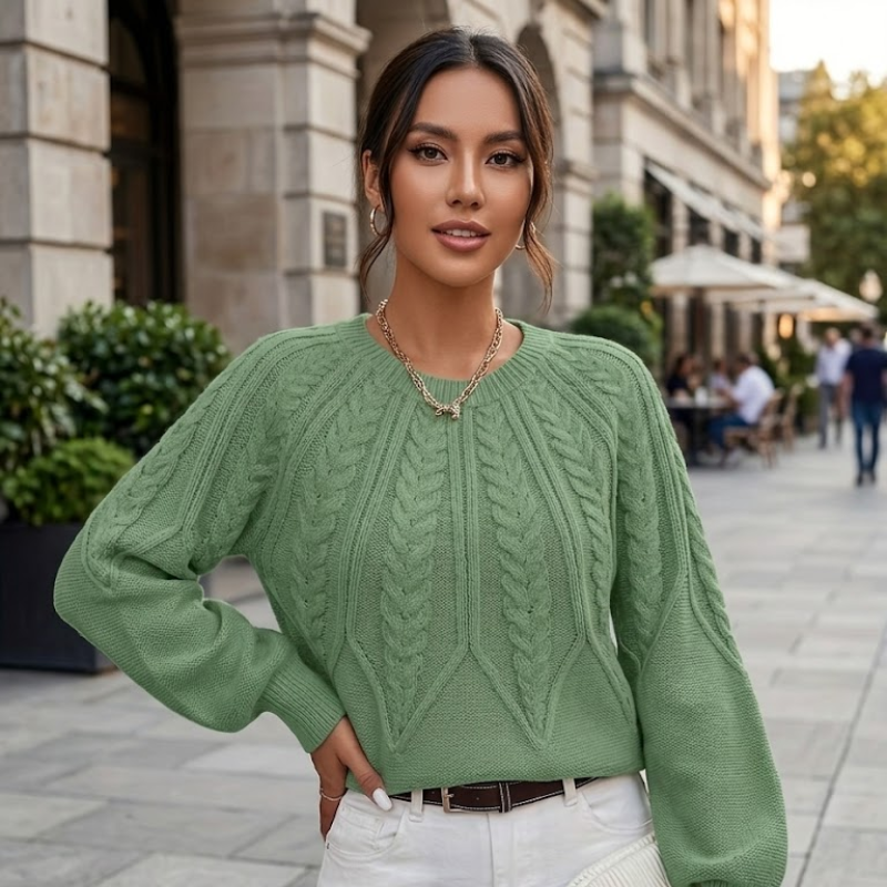 Sweter Damski Warkoczowy Splot Crop Bufiaste Rękawy
