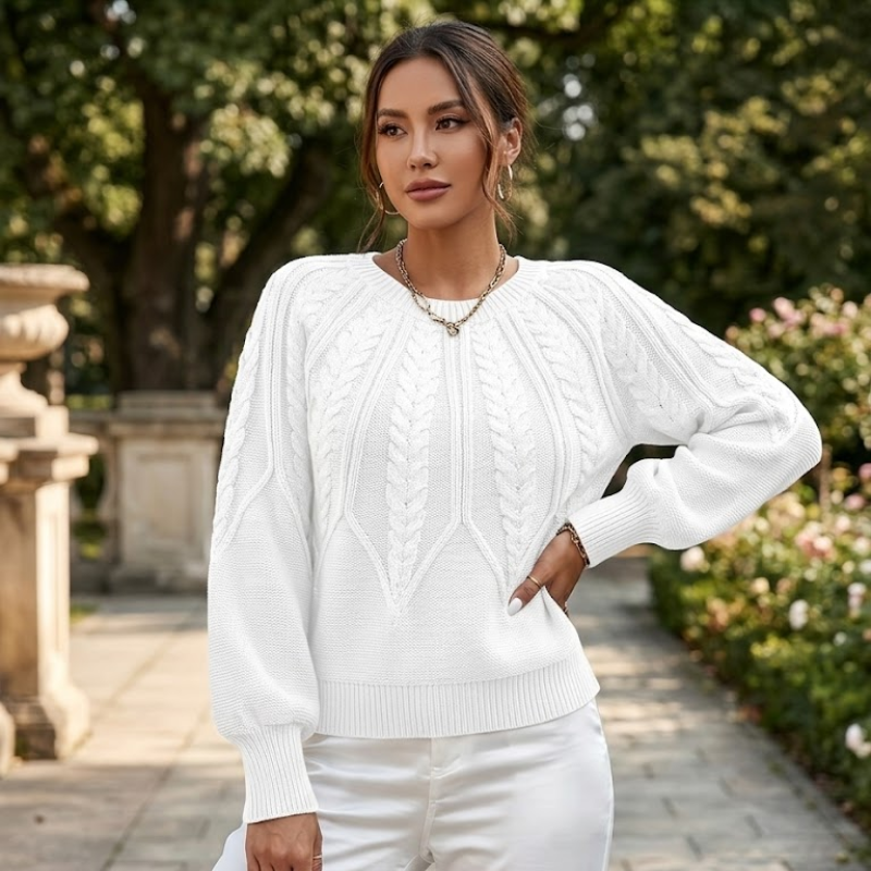 Sweter Damski Warkoczowy Splot Crop Bufiaste Rękawy