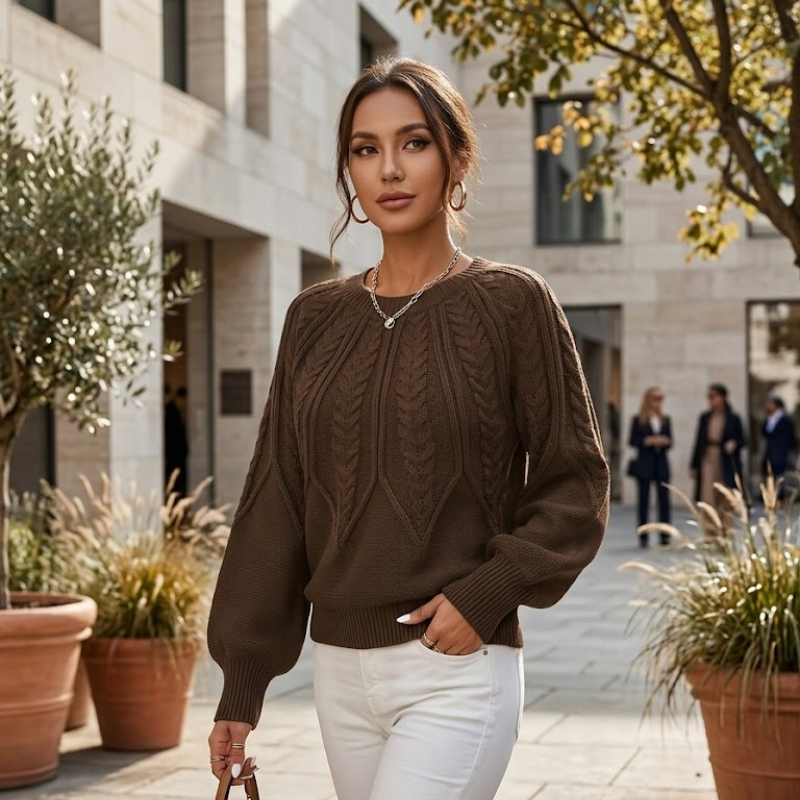 Sweter Damski Warkoczowy Splot Crop Bufiaste Rękawy
