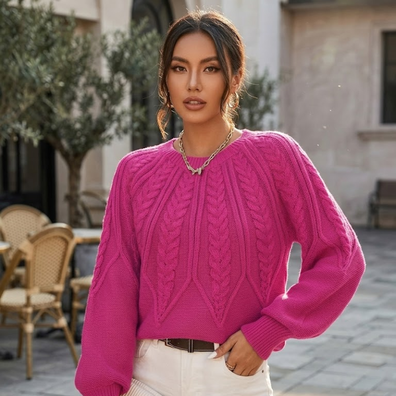 Sweter Damski Warkoczowy Splot Crop Bufiaste Rękawy