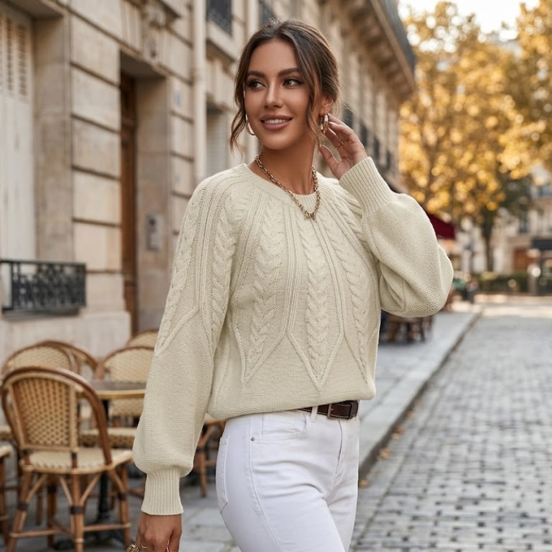 Sweter Damski Warkoczowy Splot Crop Bufiaste Rękawy