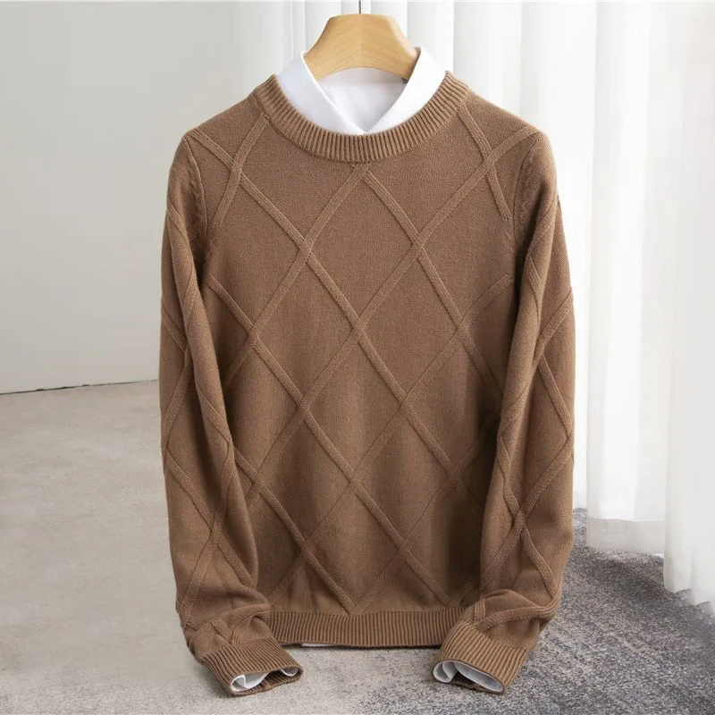 Sweter Męski w Romby Okrągły Dekolt Długi Rękaw