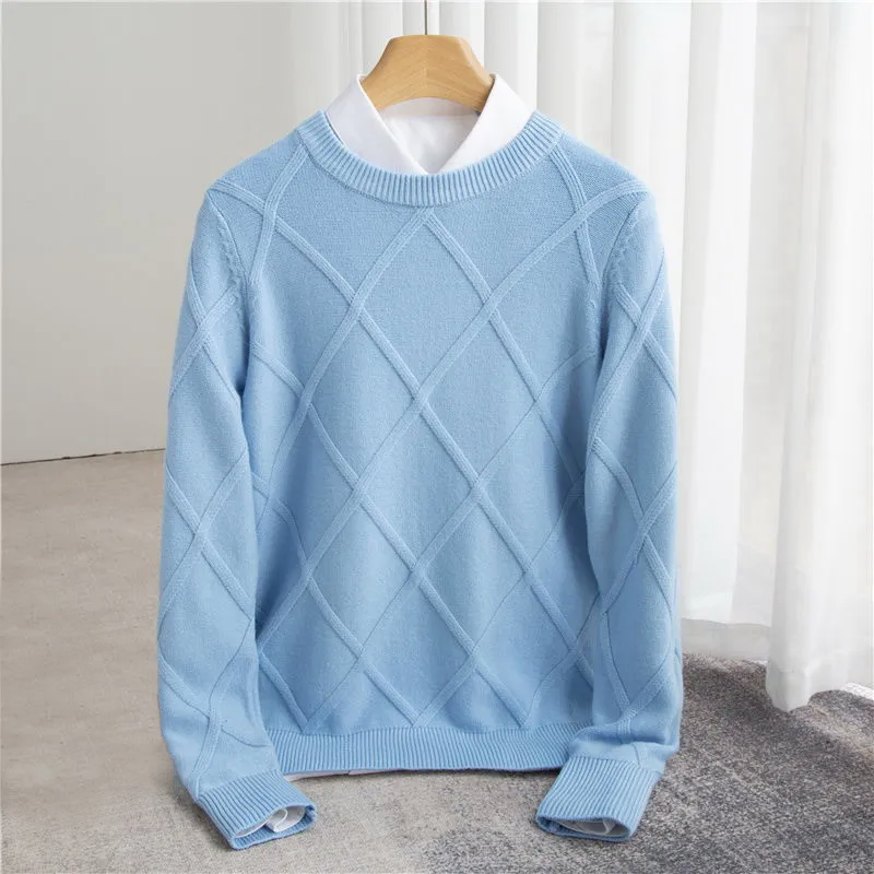 Sweter Męski w Romby Okrągły Dekolt Długi Rękaw
