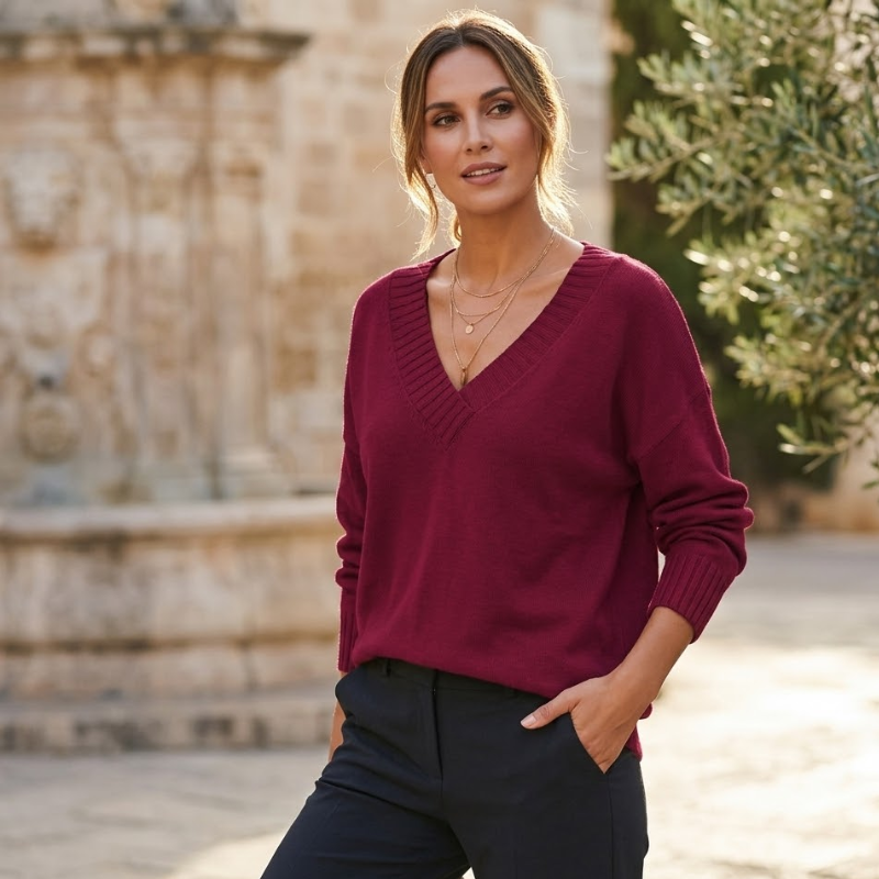 Sweter dekoltem w serek damski z dzianiny